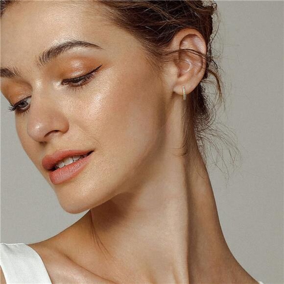 Gold Huggie Hoop Earrings Dainty Chunky Thick Hoop Diamond Cubic Zirconia - Picture 4 of 7